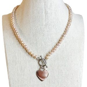 Vintage Y2K Genuine Freshwater Pearl 925 Sterling Silver Heart Toggle Necklace